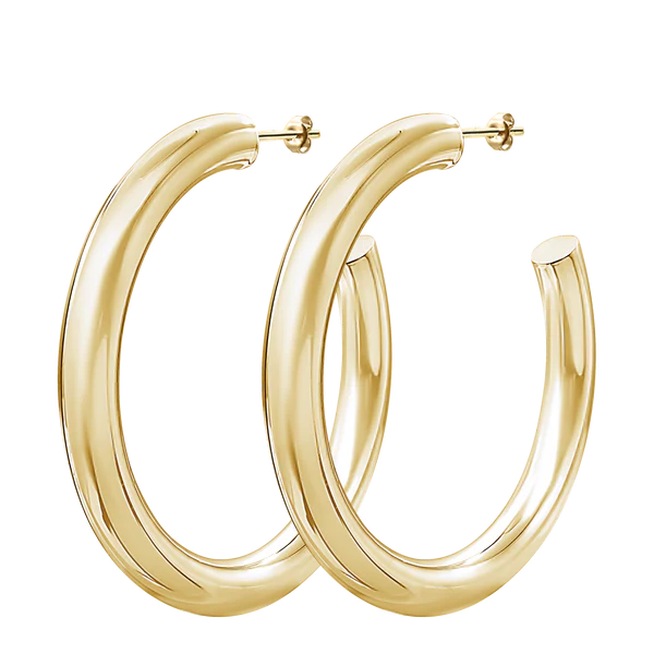 gold hoop earrings with a polished finish displayed on a transparent background. The earring is open-ended with an elegant, shiny appearance.