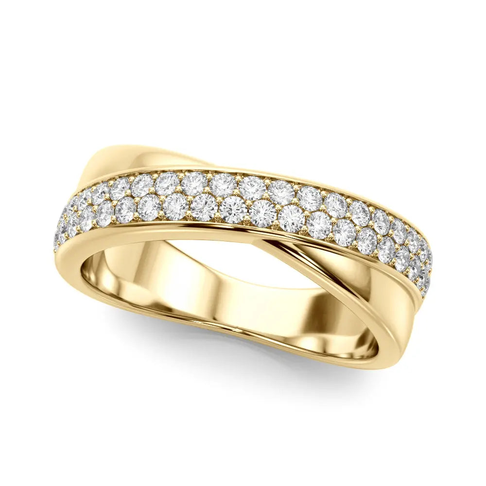 A gold crisscross band ring with a row of sparkling diamonds on one strand, set against a white background, conveys elegance and luxury.