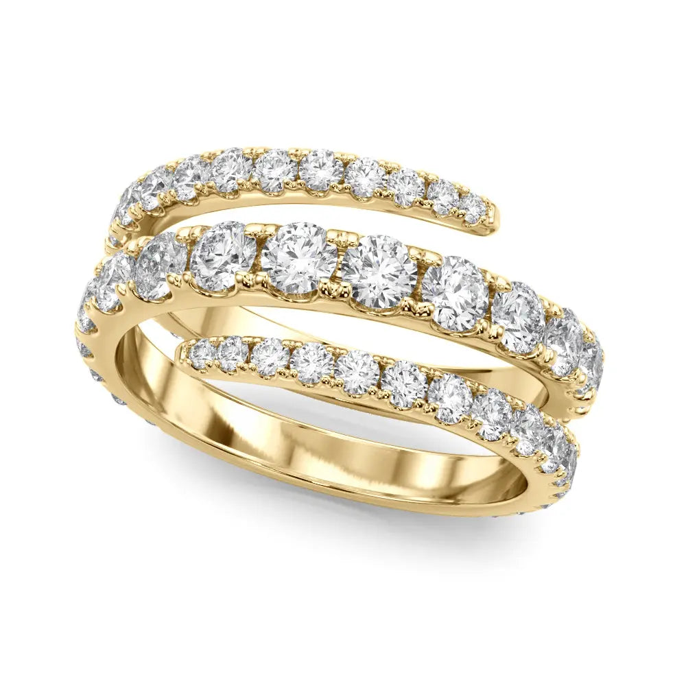 A shimmering gold ring with three intertwined diamond-studded bands, set against a plain white background, exuding elegance and luxury.