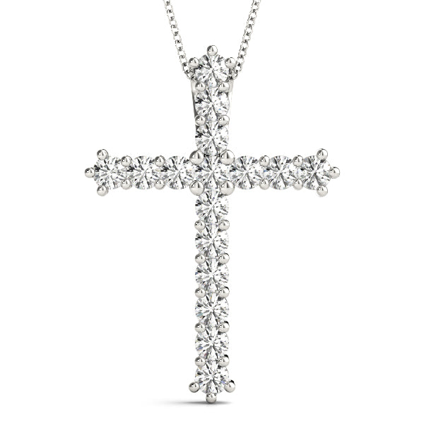 white Gold chain necklace with a sparkling diamond cross pendant, set against a plain white background. The design is elegant and luxurious.