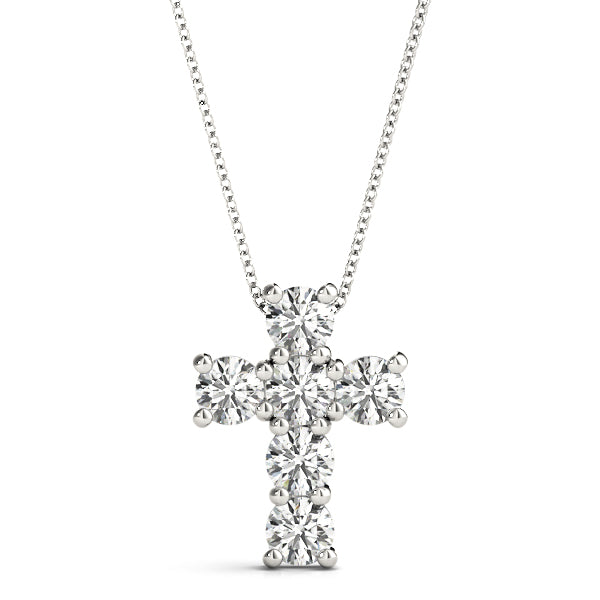 A delicate white gold chain necklace features a cross pendant adorned with sparkling round diamonds, creating an elegant and timeless look.