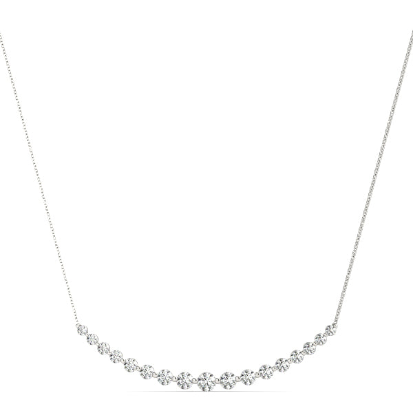 A delicate necklace with a thin chain and a row of small, sparkling diamonds on a bar on a white background, conveying elegance and simplicity.