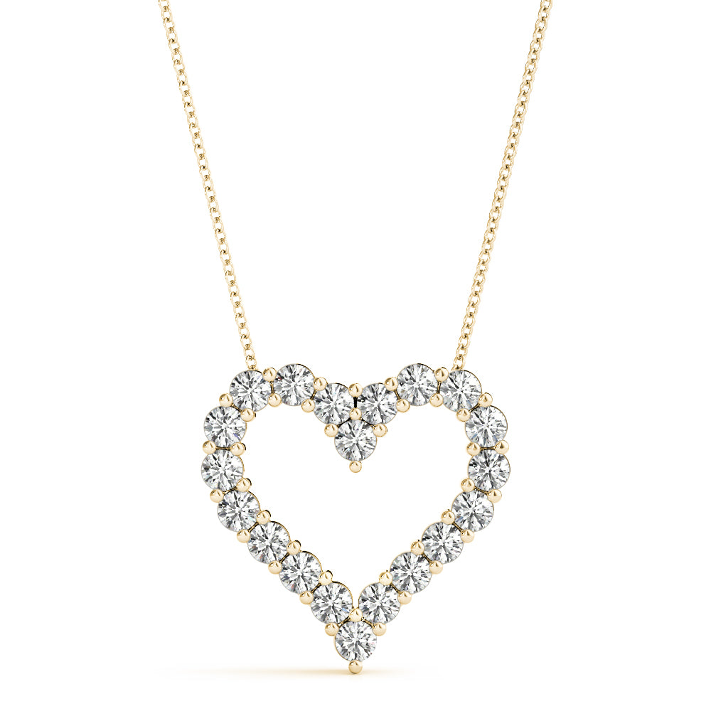 A heart-shaped diamond necklace on a fine gold chain against a white background. The sparkling diamonds convey elegance and luxury.