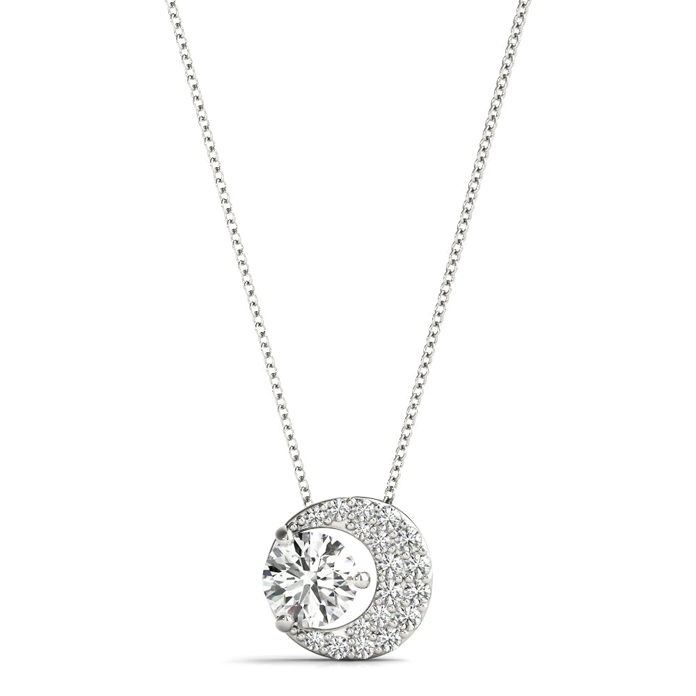white Gold necklace with a sparkling round moon crescent diamond pendant, featuring a large central gem surrounded by smaller diamonds, against a plain white background. Elegant and luxurious.