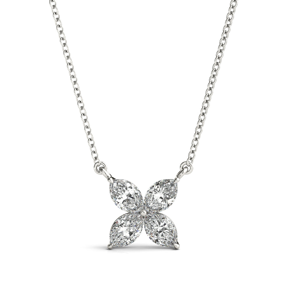 white Gold necklace with a pendant shaped like a four-petaled flower, encrusted with sparkling clear gemstones, on a white background. Elegant and delicate.