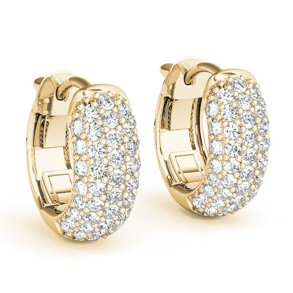 Elegant yellow gold hoop earrings with a textured surface encrusted with sparkling diamonds, set against a plain white background.