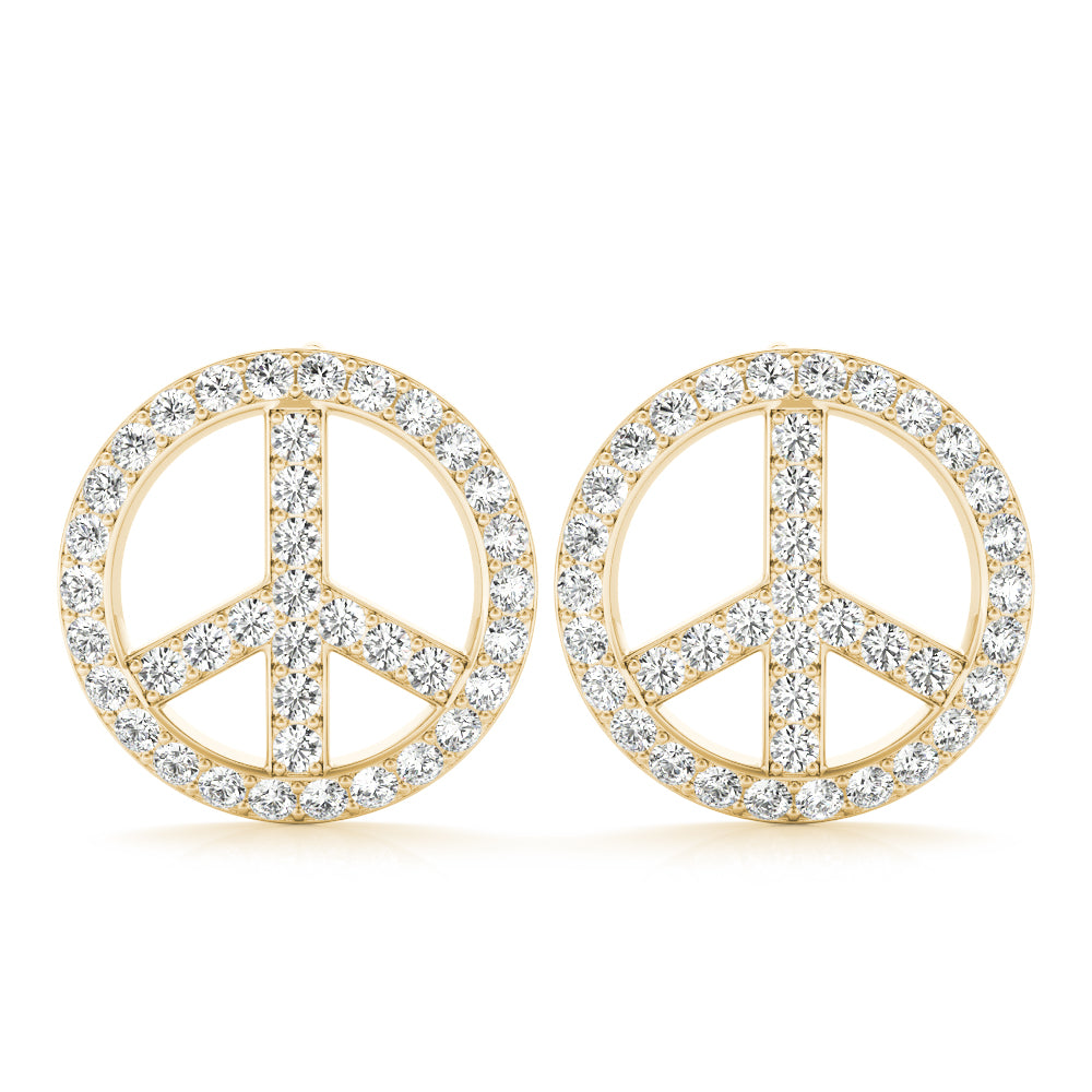 yellow gold peace sign earrings encrusted with small sparkling diamonds. They are shown against a white background, conveying elegance and simplicity.