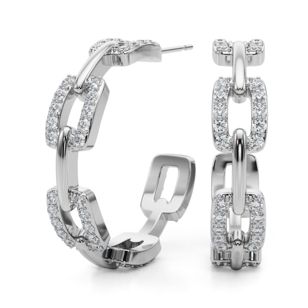 A pair of elegant white gold hoop earrings linked like a chain, encrusted with small, sparkling diamonds, displayed against a white background.