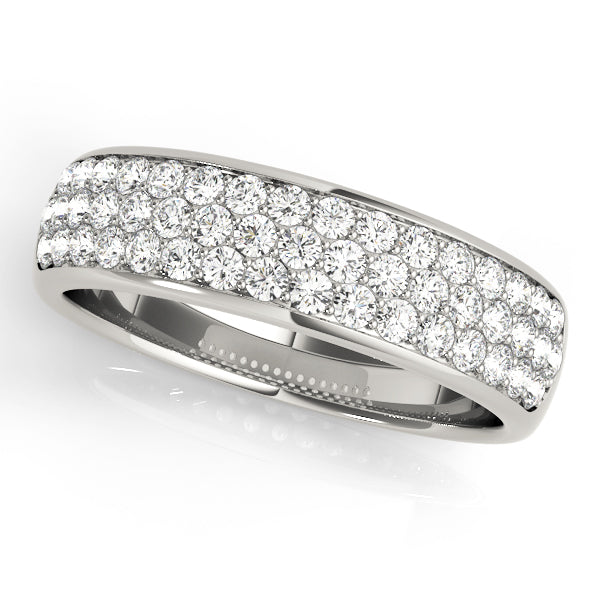 A white gold band encrusted with three rows of sparkling pave diamonds, elegantly designed. The ring is displayed against a plain white background.