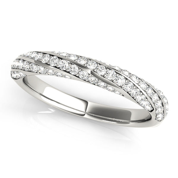A white gold ring with three rows of twisted sparkling diamonds elegantly set in parallel on the band, displayed on a white background, exuding luxury and sophistication.