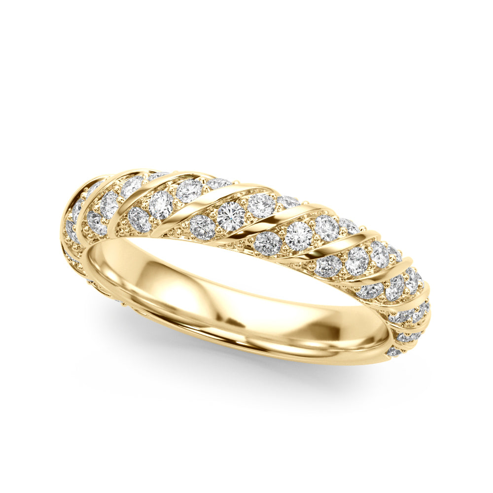 A yellow gold ring with sparkling diamond accents in a twisted pattern. The ring is elegantly displayed against a plain white background, conveying luxury and sophistication.