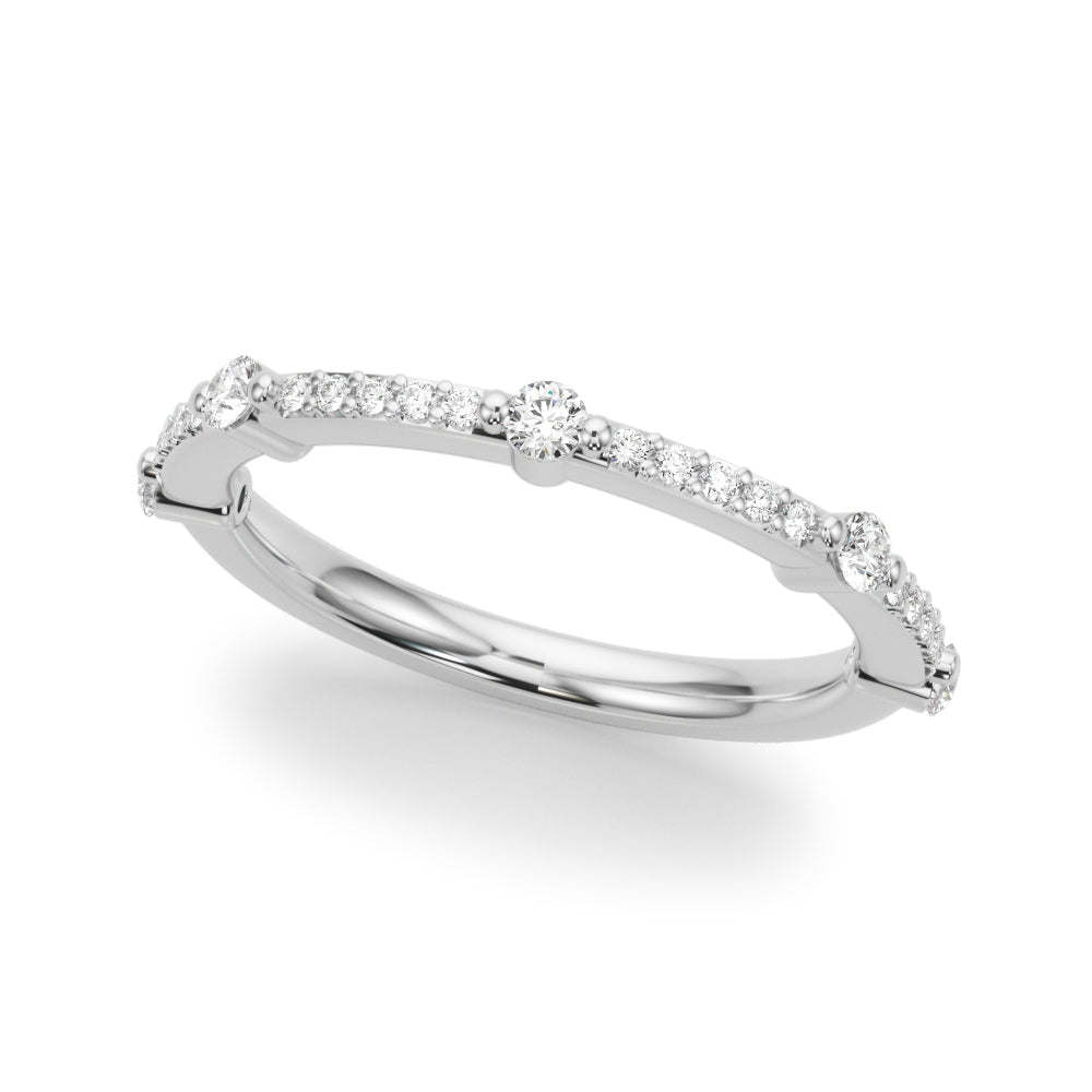 A white gold ring with a row of small, sparkling diamonds set along the top half, displayed on a plain white background, exuding elegance and luxury.
