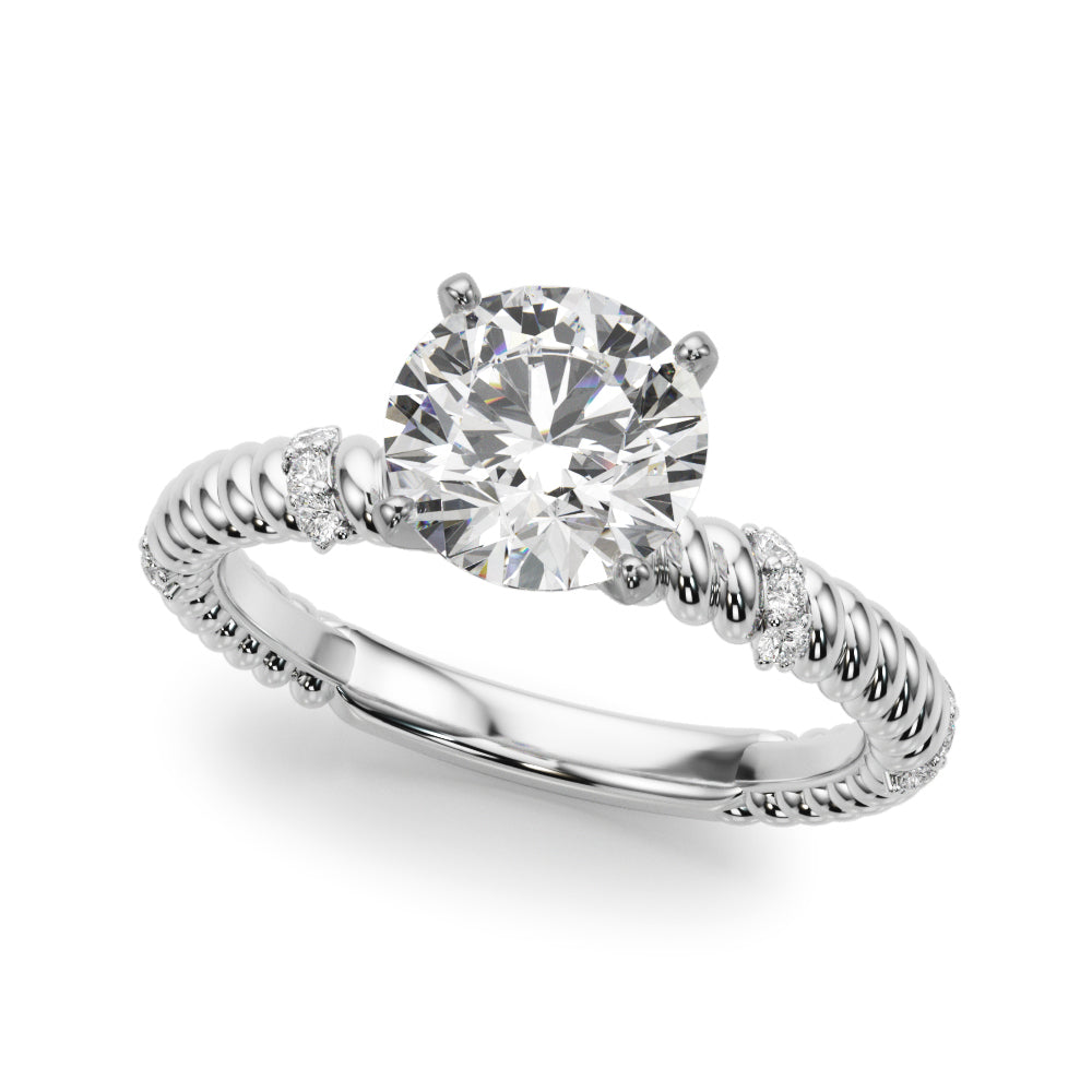 A sparkling round diamond ring with a twisted white gold band, set on a white background. The ring exudes elegance and luxury.