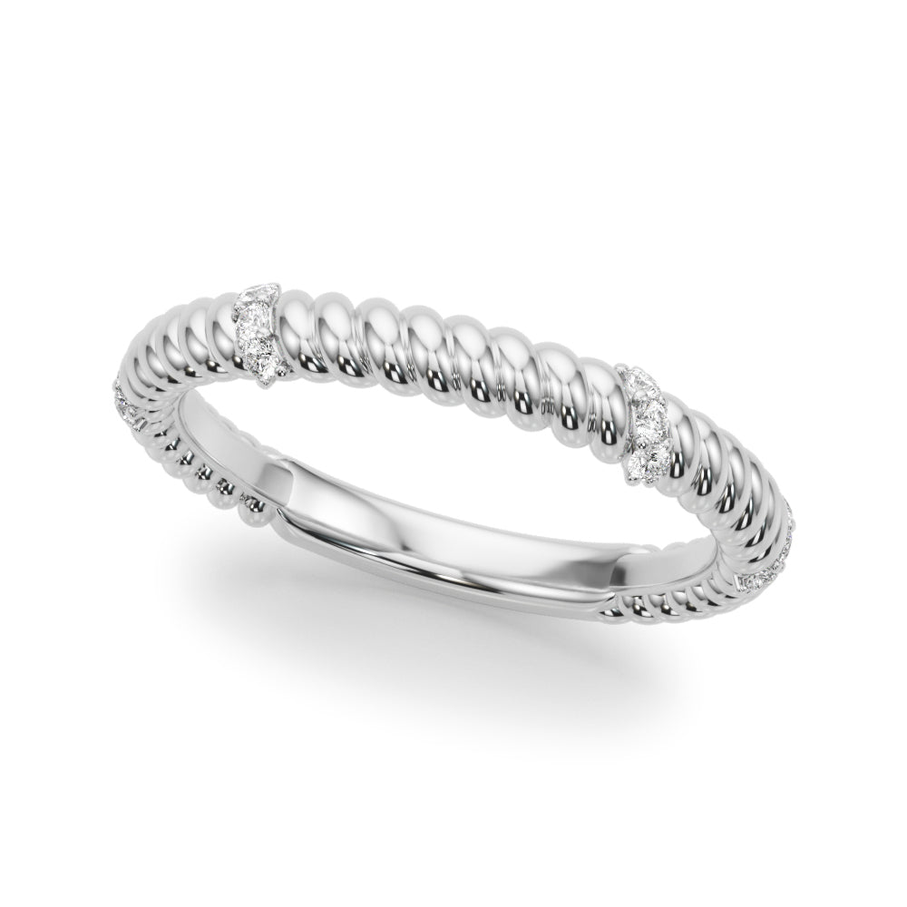 A white gold twisted rope-style ring with small diamonds, elegantly displayed on a white background, conveying a sense of luxury and sophistication.