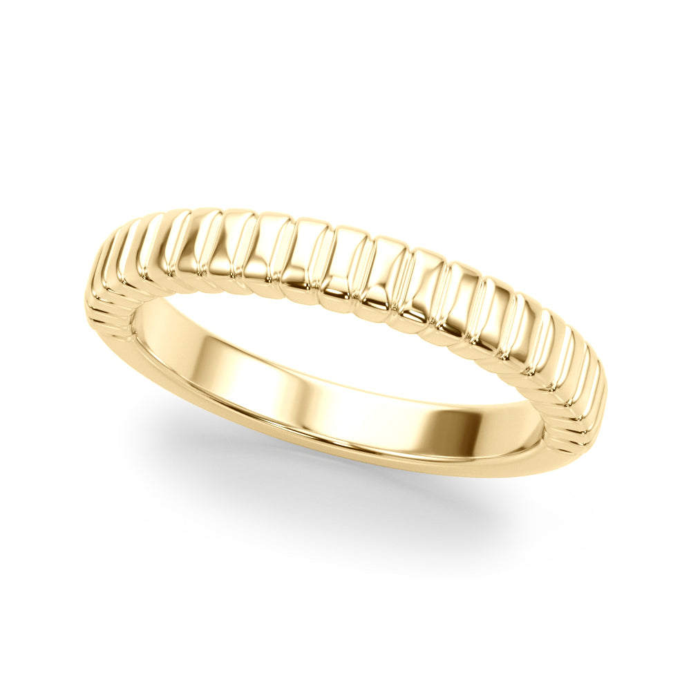 A sleek gold ring with a ribbed texture on top, displayed against a white background. The ring reflects light, highlighting its elegant design.