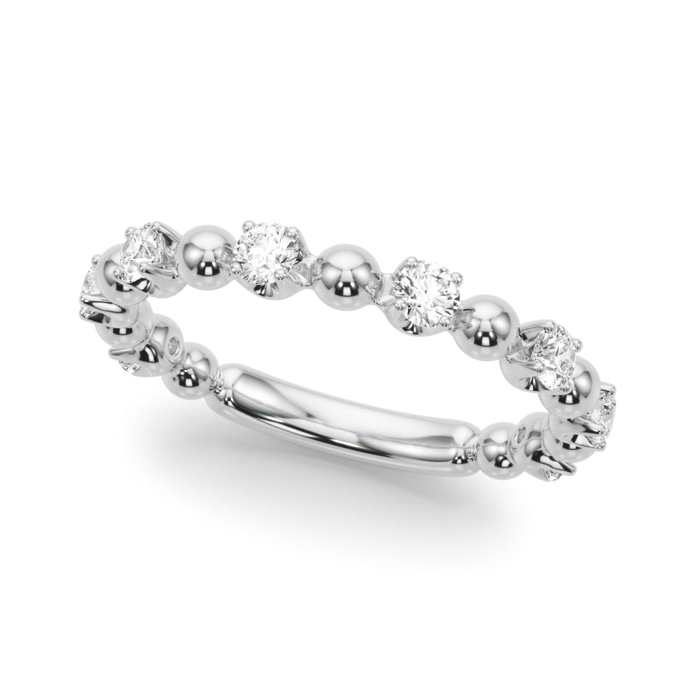 Elegant white gold ring with alternating round diamonds and beads, forming an intricate band on a white background, conveying luxury and sophistication.