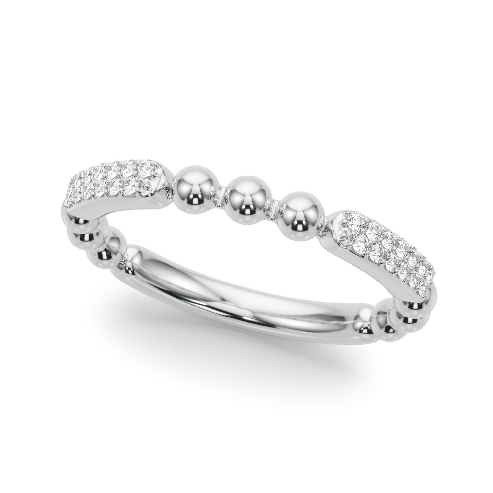 A delicate white gold ring featuring a bead design with sparkling diamonds on both ends, set against a white background. Elegant and sophisticated.