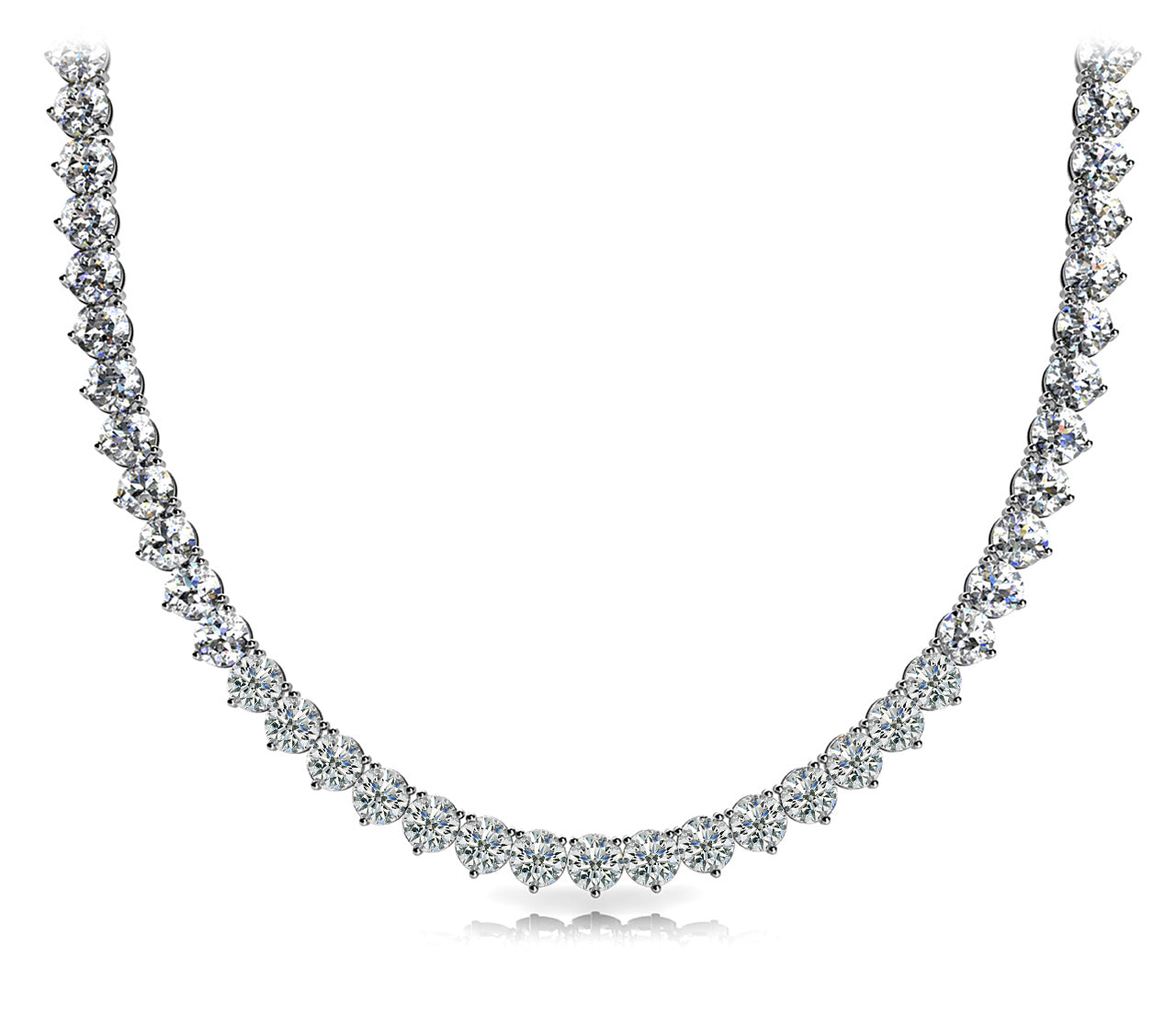 Elegant diamond necklace with sparkling diamonds, forming a V-shape against a white background, conveying luxury and sophistication.