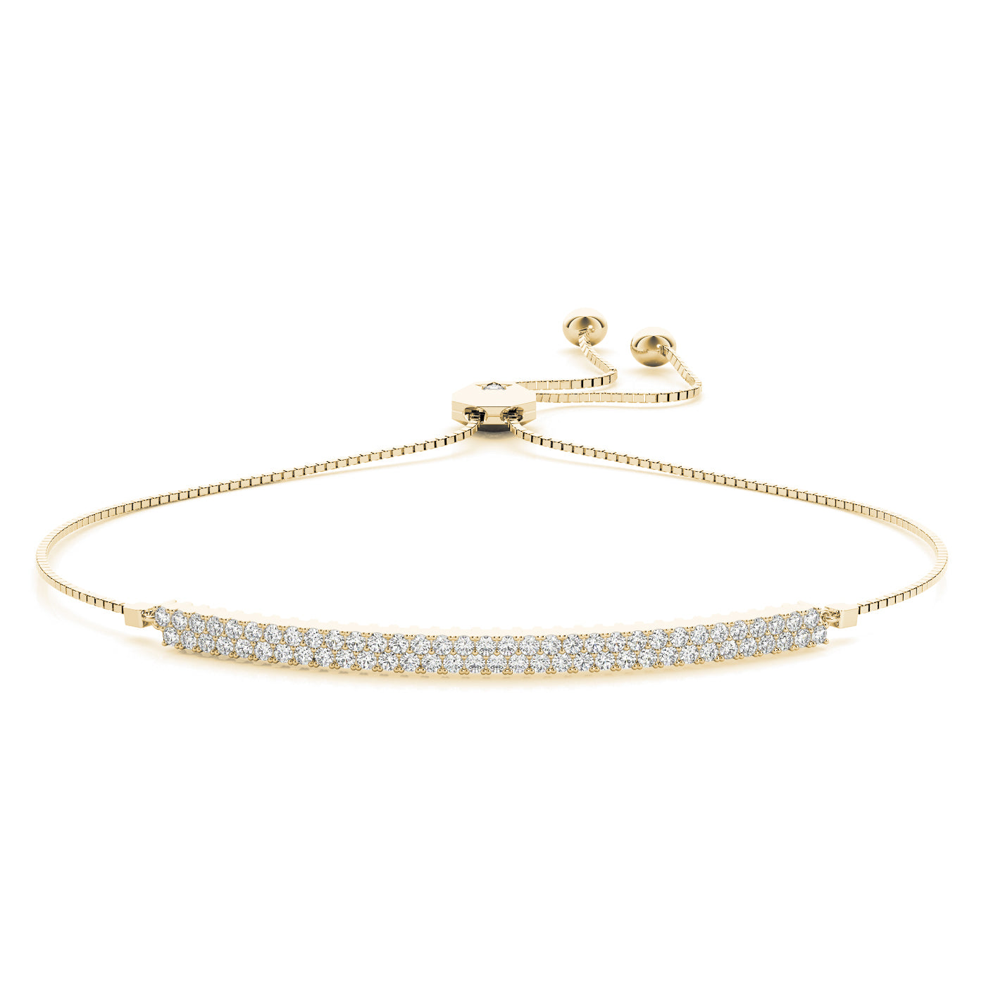 Elegant gold bracelet with sparkling stones and adjustable sliding clasp, displayed on a white background, conveying sophistication and luxury.