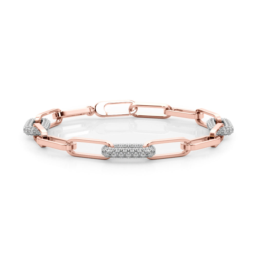 A stylish bracelet featuring a mix of rose gold and diamond-encrusted links, creating an elegant and luxurious aesthetic on a white background.