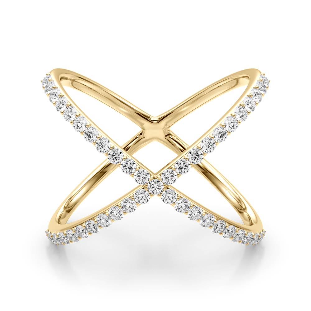 A yellow gold criss-cross ring with one band adorned with small diamonds, set against a white background. The design is elegant and modern.