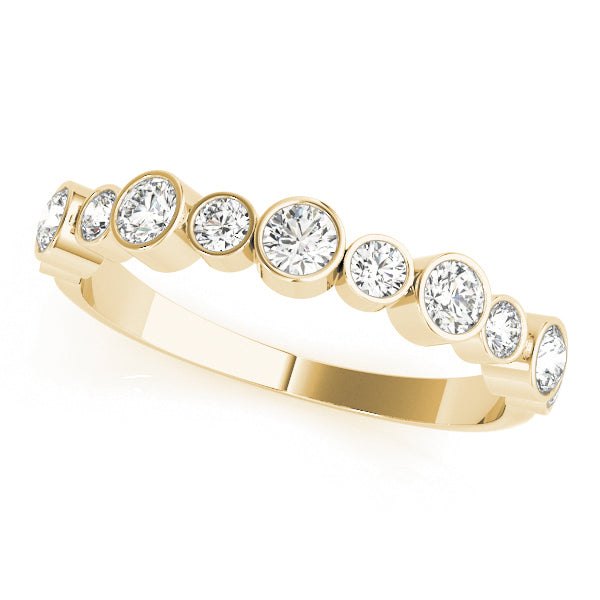 Elegant gold ring with nine round diamonds, each in a bezel setting. The ring is showcased on a white background, highlighting its shine and sophistication.