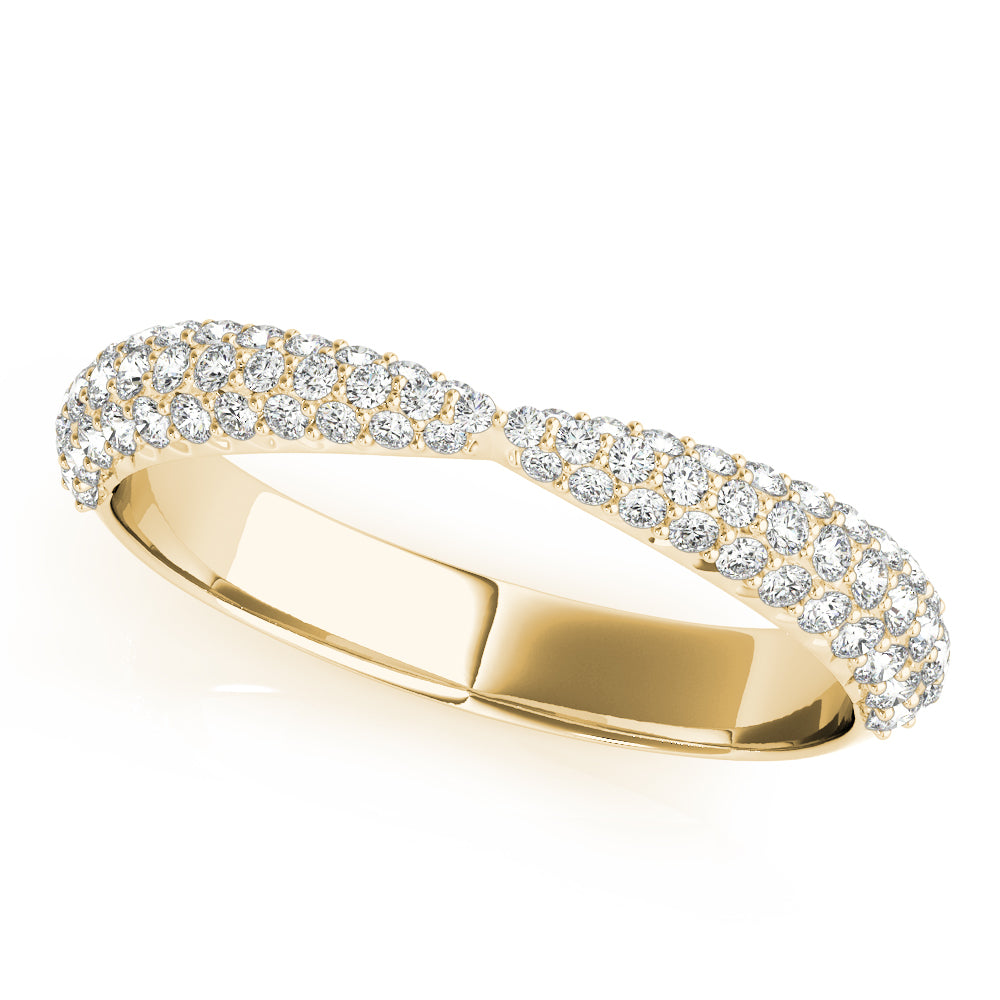 A gold ring with a band of sparkling diamonds on the upper half, set against a plain white background, conveying elegance and luxury.