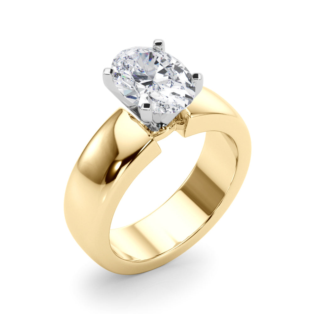 A gold band features an oval-cut diamond set in a prong setting. The ring's sleek design and sparkling gem convey elegance and luxury.
