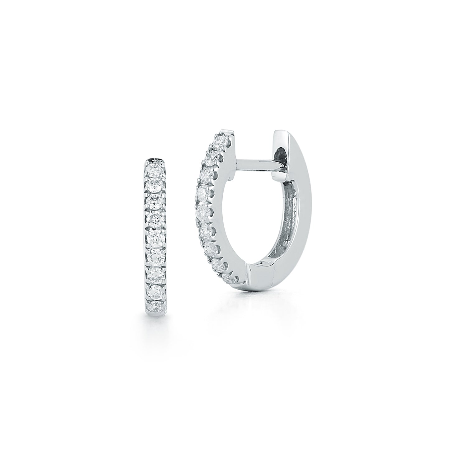 white gold hoop earrings adorned with small diamonds, displayed on a white background. One earring is closed, and the other is open, showcasing their elegant design.