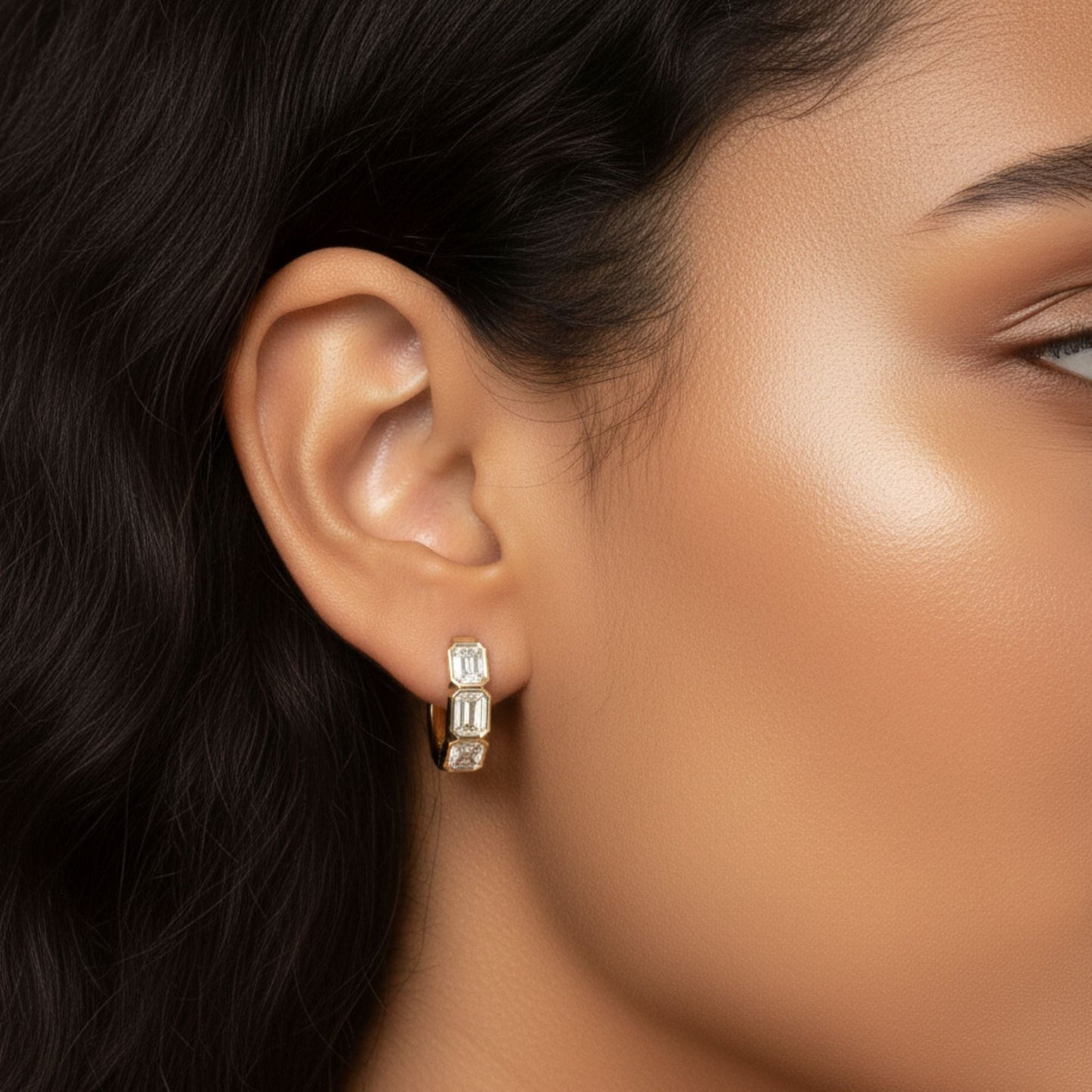 Bezel Emerald Lab Diamond Hoop Earrings Carbon House