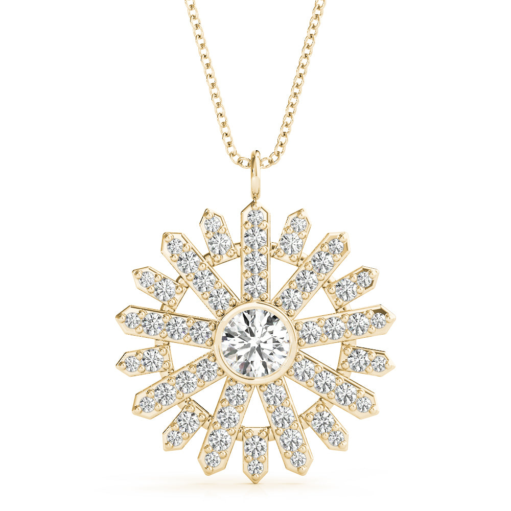 Elegant gold necklace featuring a radiant, star-shaped sun wheel medallion pendant with sparkling diamonds, hanging from a delicate chain on a white background.