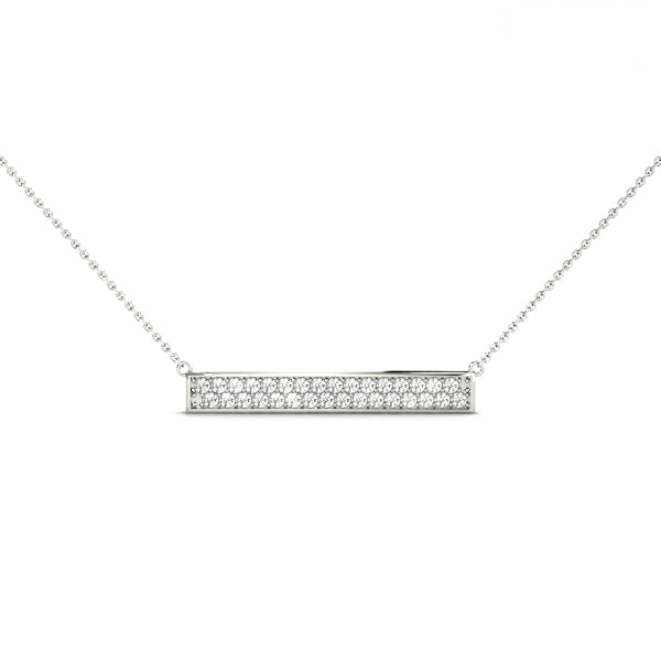 A delicate white gold chain necklace featuring a horizontal rectangular bar pendant encrusted with small diamonds. The background is plain white.