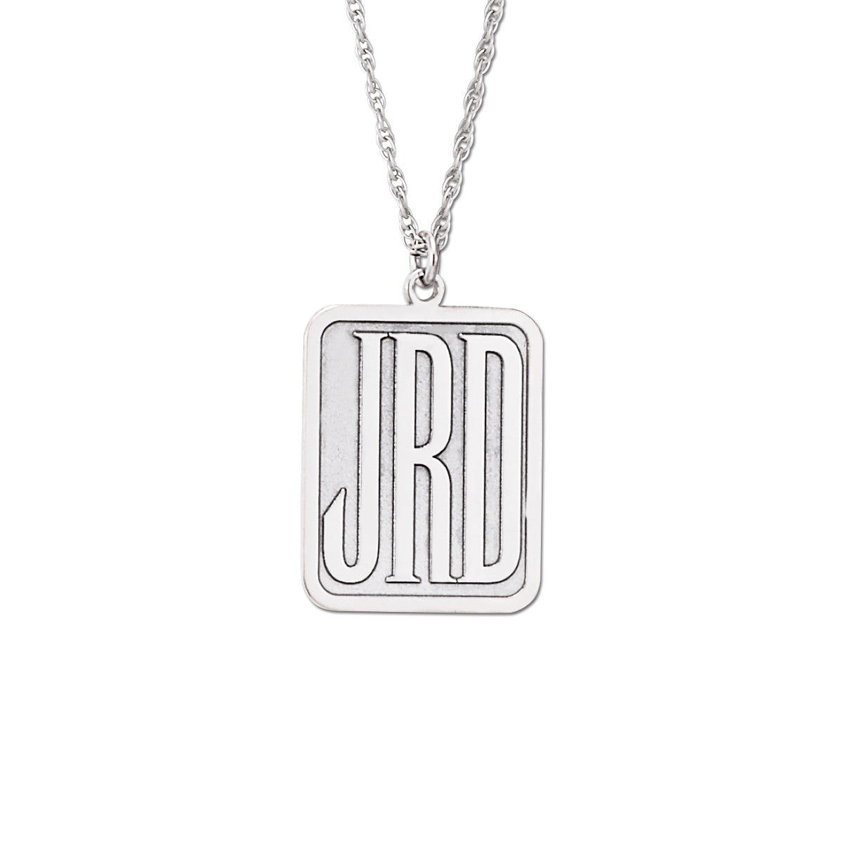 white Gold pendant personalized with initials on a rectangular coin medallion plate, hanging from a twisted chain. The pendant has a sleek, modern design against a white background.