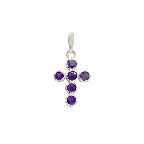white gold cross pendant with six amethyst on a transparent background. The design is elegant and reflective, conveying spirituality.