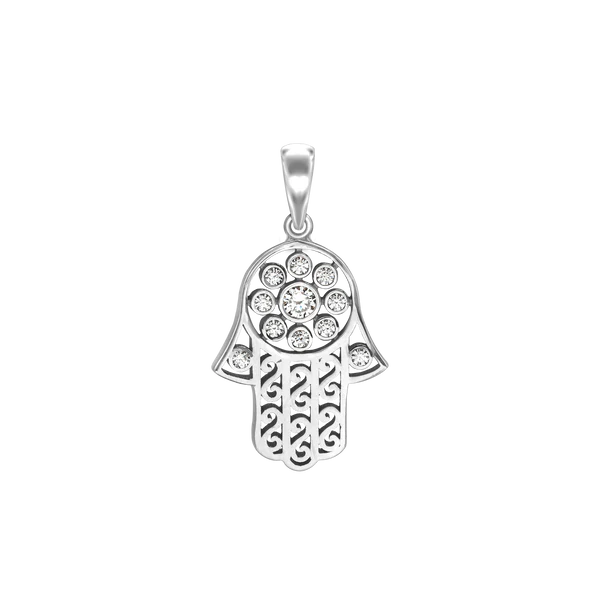 A white gold Hamsa pendant with intricate scrollwork and sparkling diamonds is centered on a transparent background, conveying elegance and luxury.