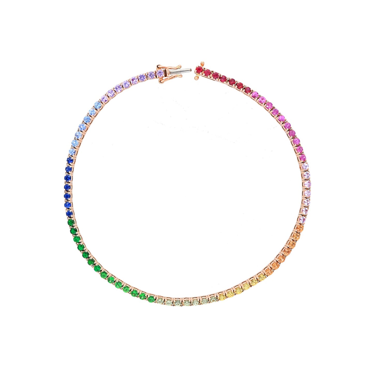 A bracelet with a gradient rainbow of gemstones, transitioning from green to blue, purple, red, and gold, on a white background. Elegant and colorful.