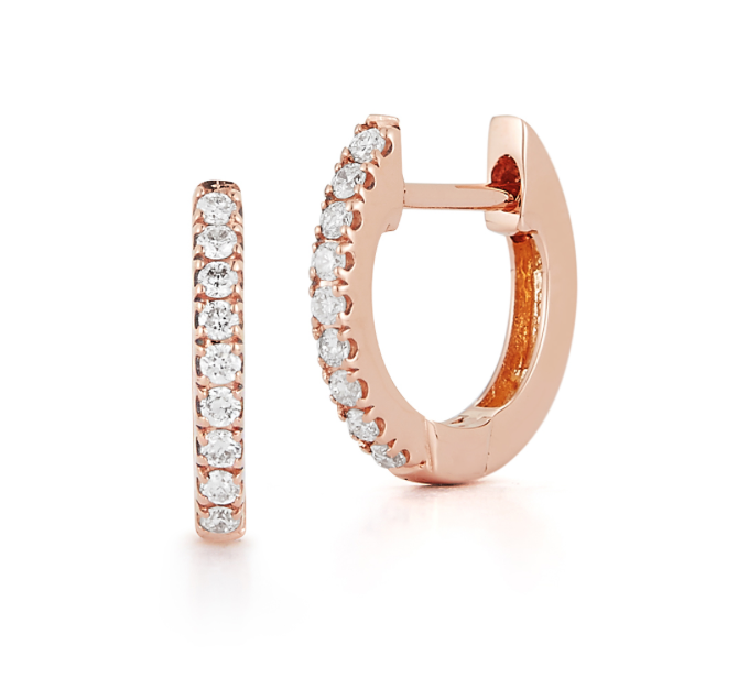 rose gold hoop earrings adorned with small diamonds, displayed on a white background. One earring is closed, and the other is open, showcasing their elegant design.