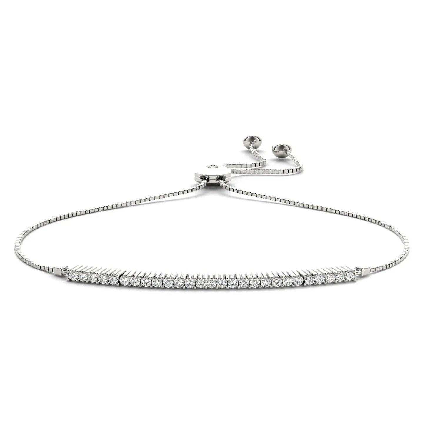 A delicate white gold bracelet with a slim bar adorned with sparkling diamonds, featuring an adjustable chain and sleek, modern design.