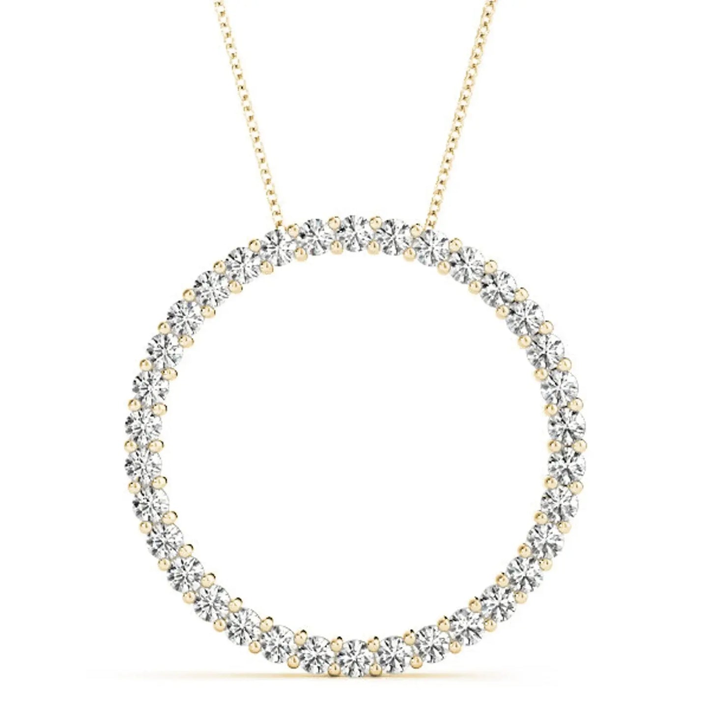 A sparkling diamond circle necklace on a white background. The elegant design features a loop of radiant stones with a delicate chain, exuding luxury.