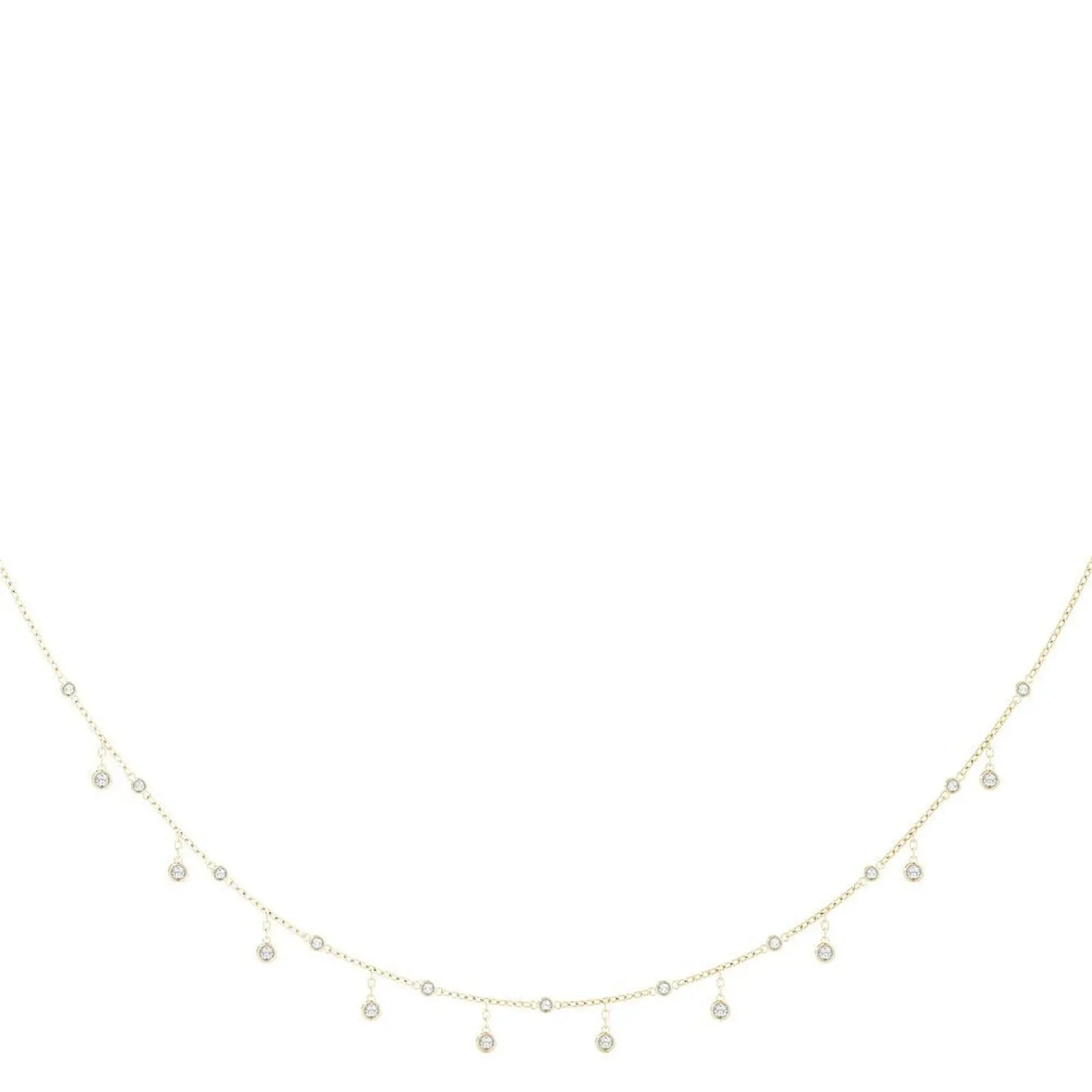 Delicate gold necklace with dangling teardrop bezel set diamonds, displayed on a white background. The elegant design conveys sophistication and grace.