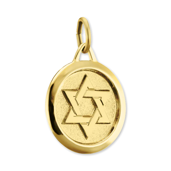 Gold pendant with interlocking Star of David design on a transparent background. The pendant appears shiny and elegant, conveying a sense of heritage.