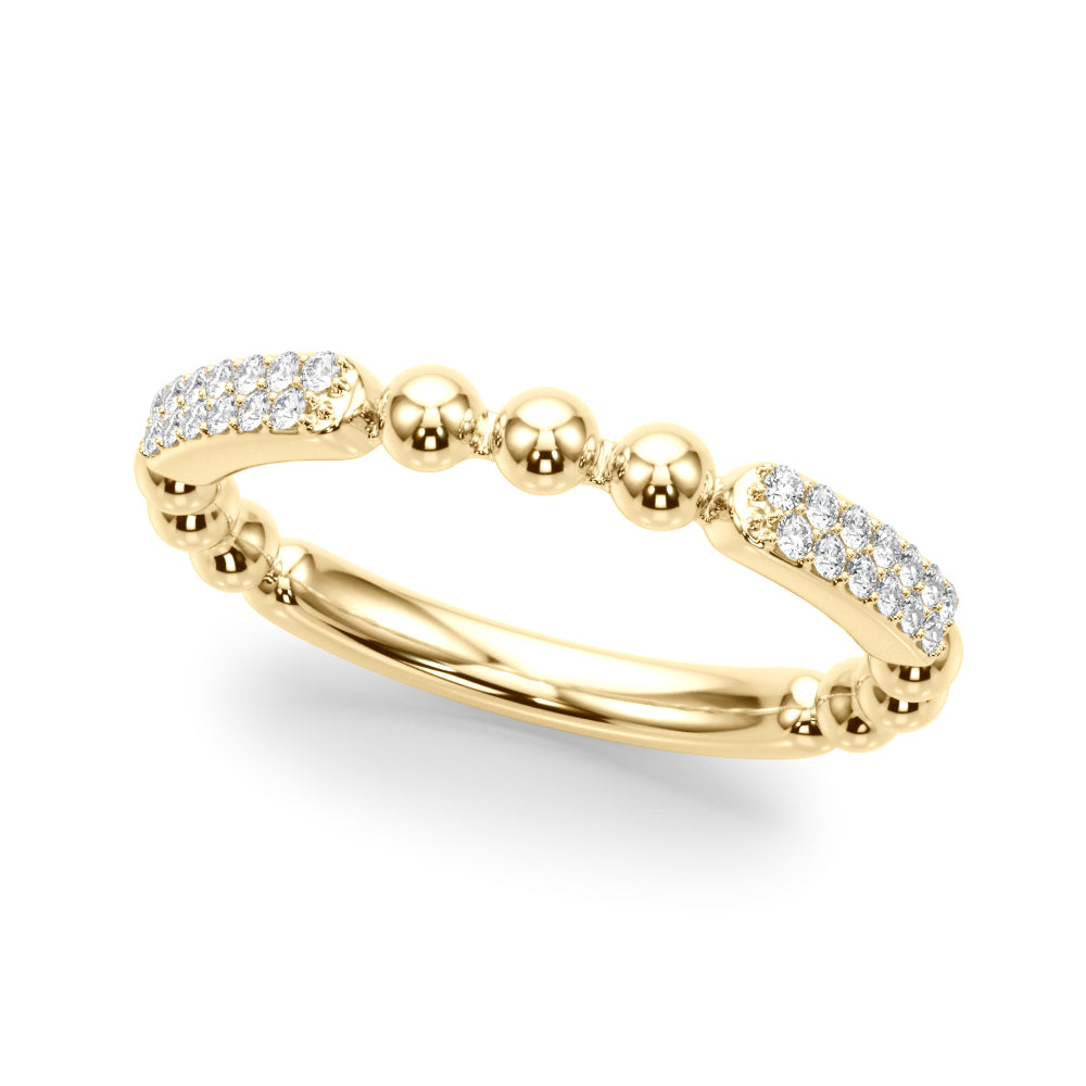 A delicate gold ring featuring a bead design with sparkling diamonds on both ends, set against a white background. Elegant and sophisticated.