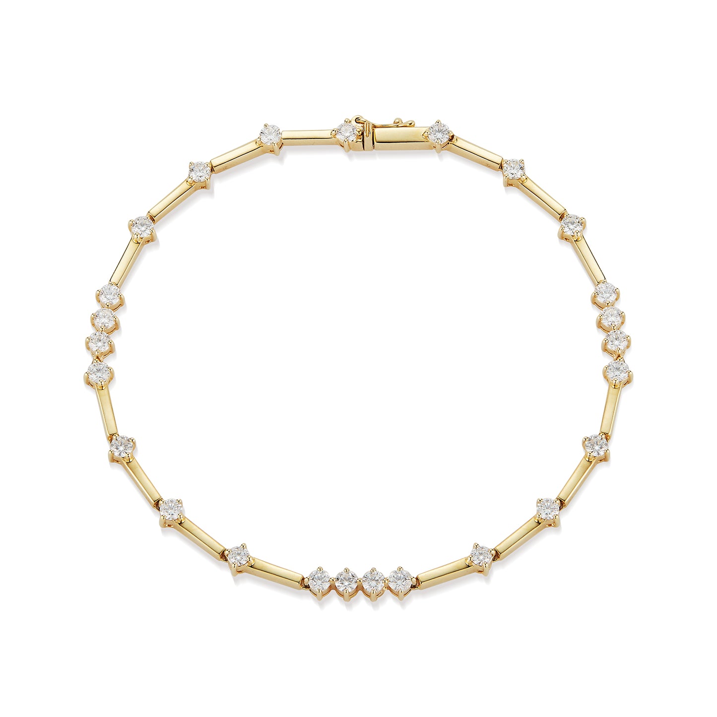 A yellow gold necklace with alternating diamond clusters linked closely in a symmetrical pattern. It conveys elegance and luxury on a plain white background.