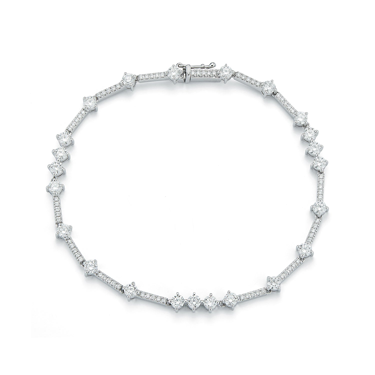 A white gold necklace with alternating diamond clusters pave linked closely in a symmetrical pattern. It conveys elegance and luxury on a plain white background.