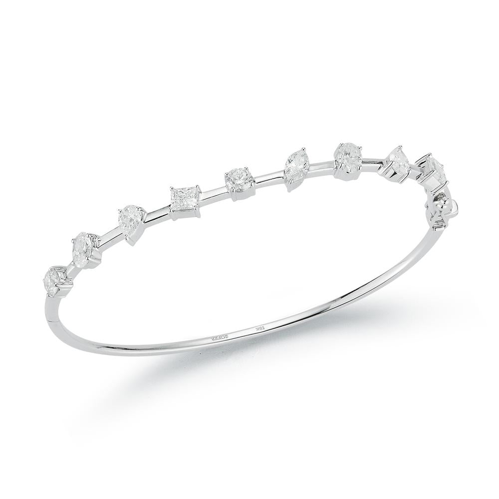 Sleek white gold bangle bracelet adorned with alternating diamond shapes—round, princess, marquise, and pear cuts—set along the top in an open, spaced pattern for a modern and elegant look.