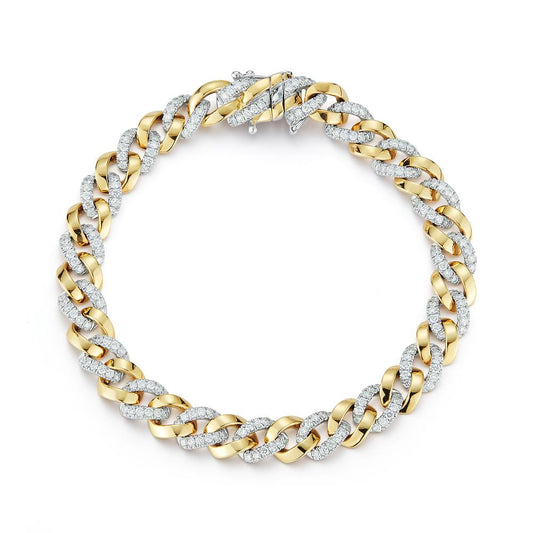 A gold and white gold twisted chain bracelet forming a circle on a white background, showcasing alternating shiny links for a luxurious, elegant look.
