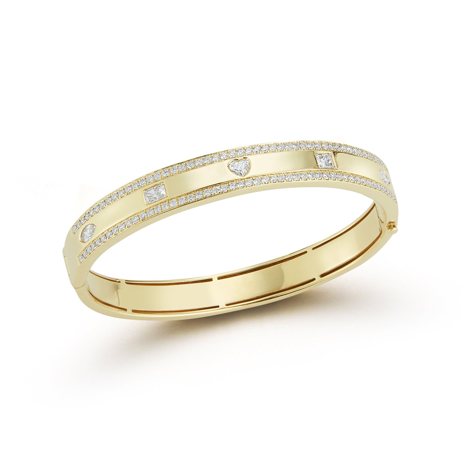 Gold diamond bangle bracelet with multi-shaped diamonds including heart, round, and princess cuts