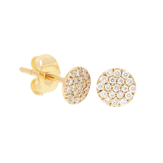 A pair of gold stud earrings encrusted with small, sparkling diamonds arranged in a circular pattern, exuding elegance and luxury.