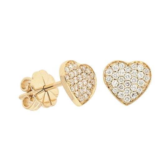 A pair of gold heart-shaped earrings encrusted with small, sparkling diamonds. The earrings are set against a white background, conveying elegance.