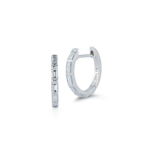 White gold hoop earrings adorned with rectangular clear gemstones, set in 14K metal. One hoop is displayed front-facing, the other side profile, conveying elegance.